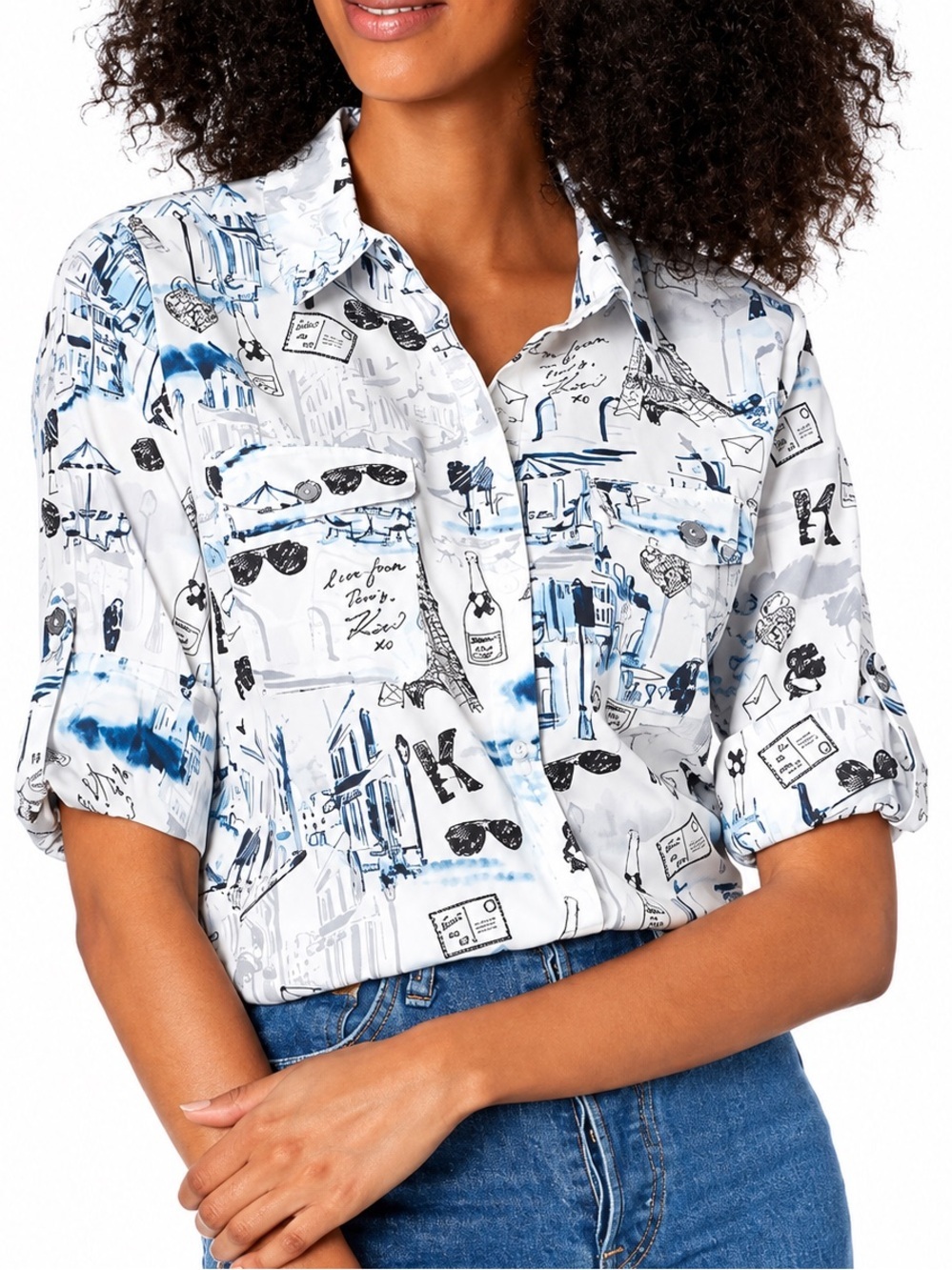 Karl Lagerfeld Paris Women's Long Sleeve Whimsical Blue and Black Blouse size L